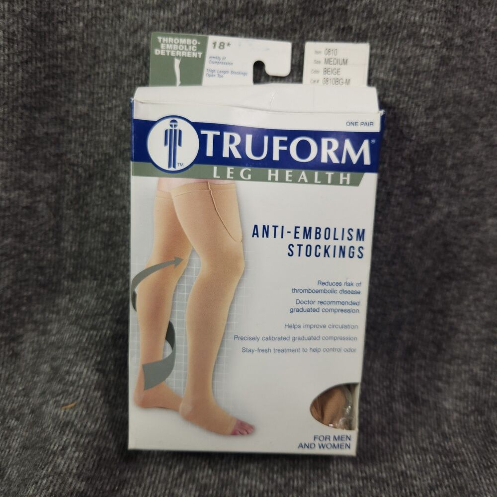 NEW TRUFORM Open Toe Thigh Length 18mmHg  Stockings BEIGE Size MEDIUM. 0810